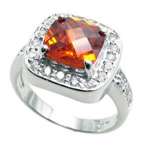 EXQUISITE SQUARE CUT YELLOW TOPAZ COLORED CZ COCKTAIL RING IN STERLING SILVER.